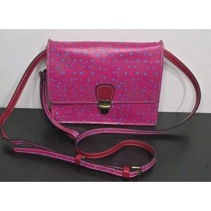 Patricia Nash Lanza Pink Leather Polka Dot Pushlock Crossbody Bag Italian Euc